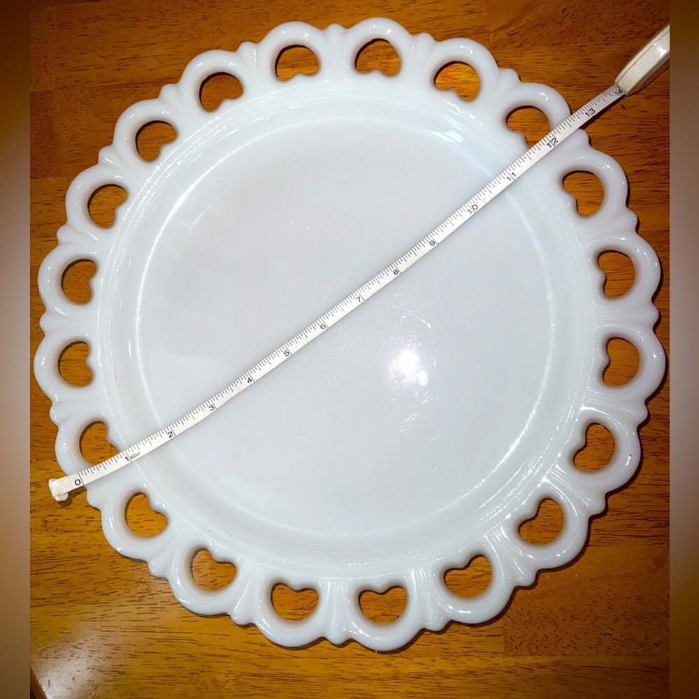 Vintage Anchor Hocking 13” milk glass torte plate with lace edge or Colony edge